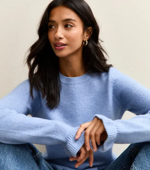 Women's Petite Light Blue Midweight Frill Trimmed Jumper