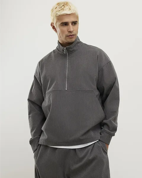 River Island Corduroy Quarter Zip Funnel Sweatshirt