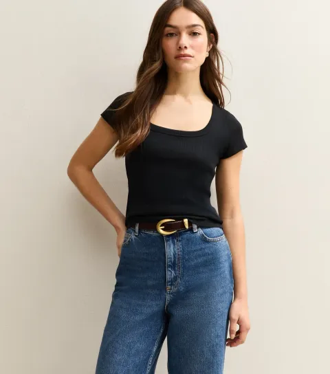 Women's Petite Black Ribbed Square Neck Top