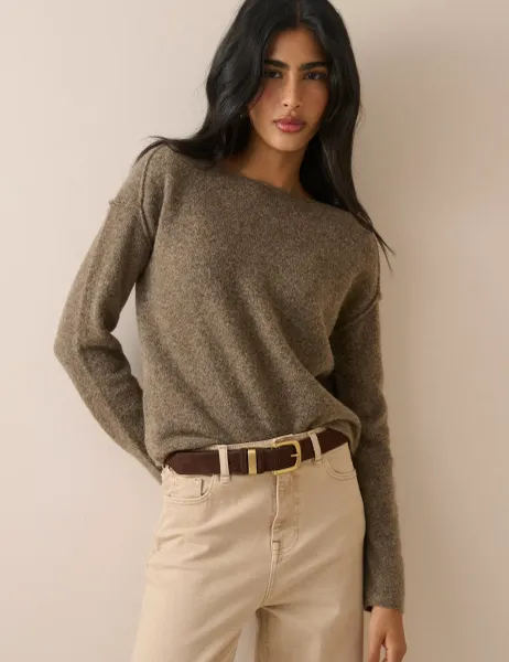 Nobody's Child Slash Neck Exposed Seam Jumper With Wool Brown