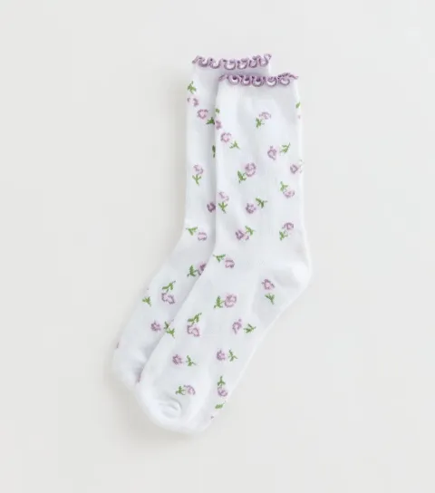 White Floral Pattern Frill Trim Socks