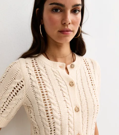 Women's Cream Cotton Cable Knit Short Sleeve Cardigan