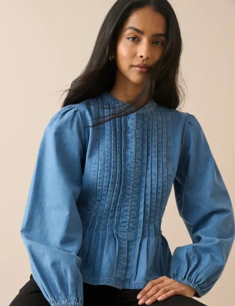 Nobody's Child Denim Pintuck Blouse Denim