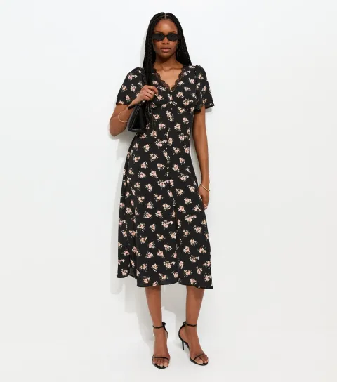 Women's Black Floral Lace V-Neck Button Midi Dress