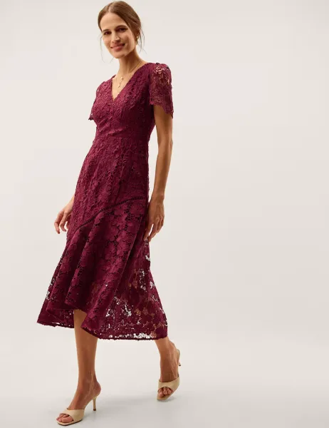 Monsoon Lace V-Neck Midi Skater Dress Burgundy