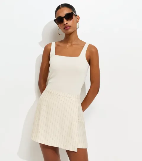 Women's Cream Striped Tie Wrap Skort