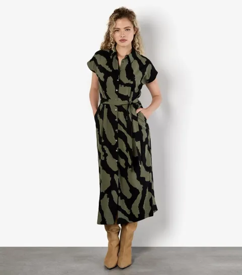 Women's Dark Khaki Painterly Zebra Print Shirt Dress