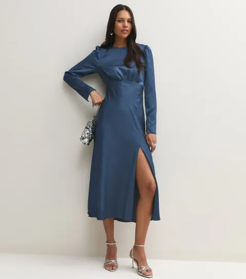 New Look Women's Dark Blue Satin Puff Sleeve Side Slit Midi Dress