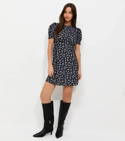 Women's Blue Crepe Floral Print Short Sleeve Mini Dress
