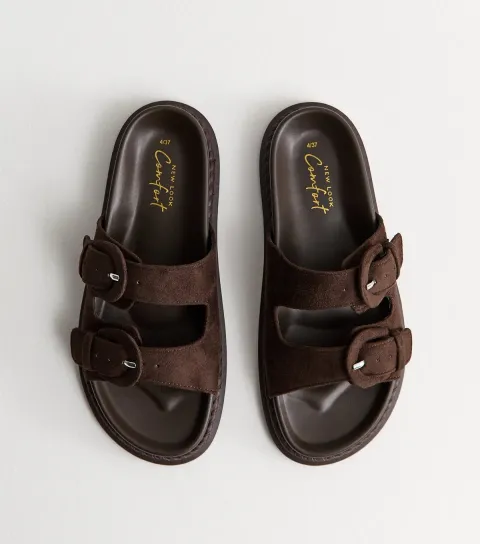 New Look Women's Dark Brown Faux Suede Double Buckled Strap Sandals Vegan