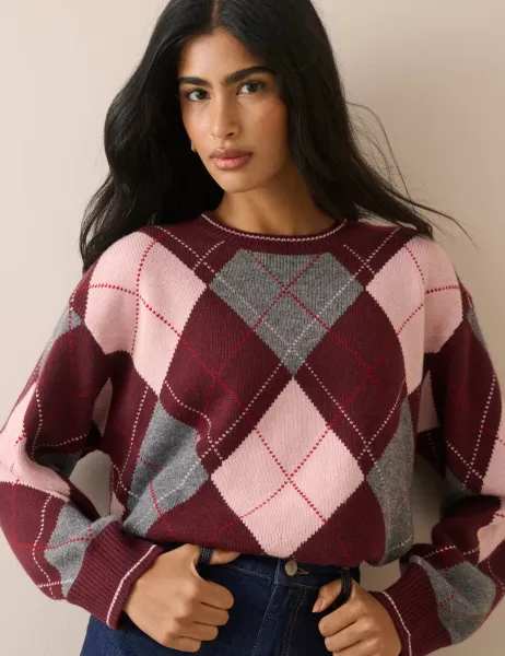 Nobody's Child Wool Blend Argyle Oversized Jumper Multi