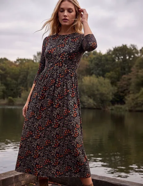 Roman Jersey Floral Midi Dress Black
