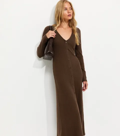 Women's Dark Brown Ribbed Long Sleeve V-Neck Midi Dress