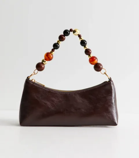 New Look Dark Brown Faux Leather Beaded Handle Shoulder Bag