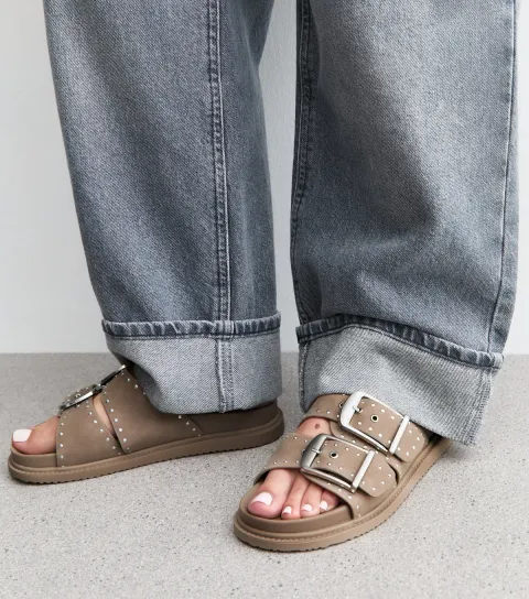 Women's Light Brown Faux Suede Studded Sandals