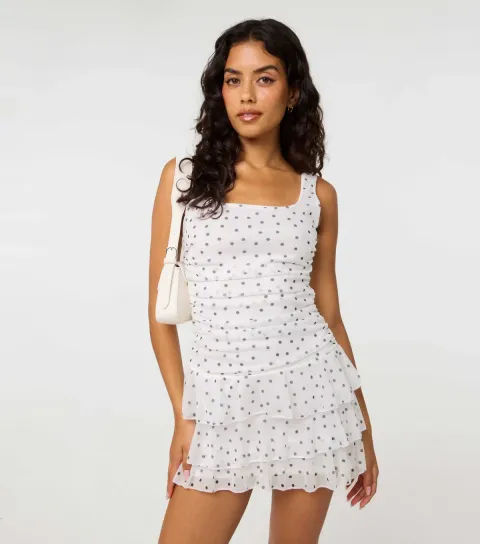 Women's Off White Polka Dot Square Neck Dress