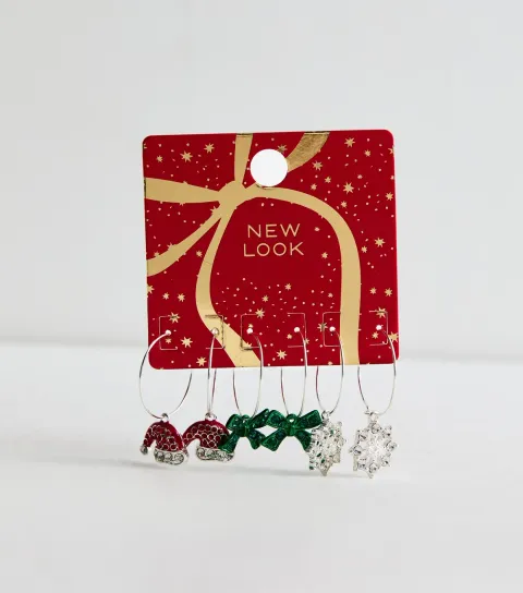 New Look Pack Of 3 Silver Tone Christmas Charm Hoop Diamante Earrings