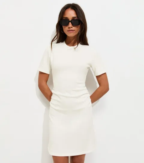 Women's Cream Ruched Side Short Sleeve Mini Dress