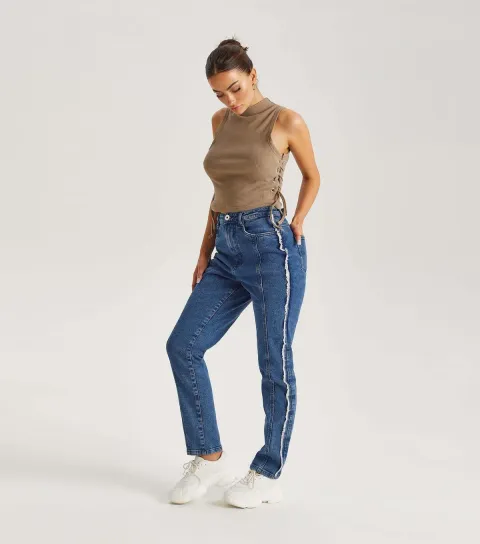 Women's Blue Frayed Seam Detail Jeans