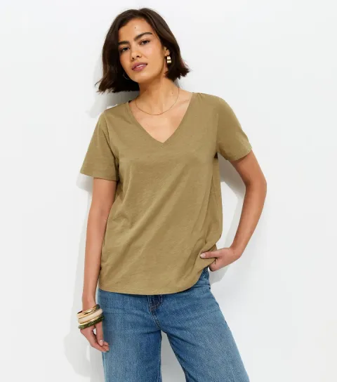Women's Khaki Cotton V Neck T-Shirt