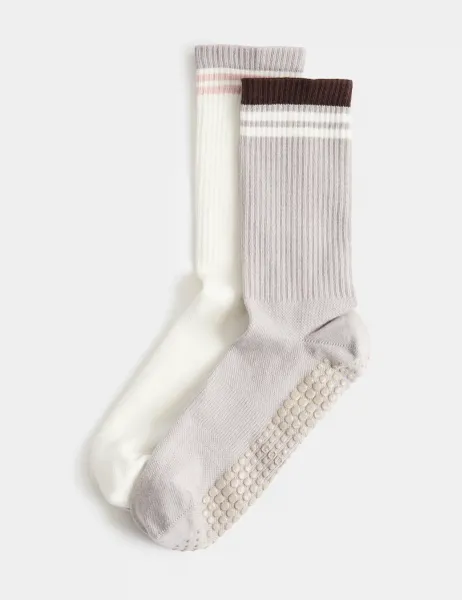 Goodmove 2 Pack Cotton Rich Pilates Crew Socks Natural Mix