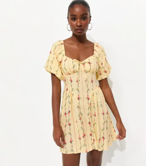 Women's Yellow Rose Print Milkmaid Mini Dress