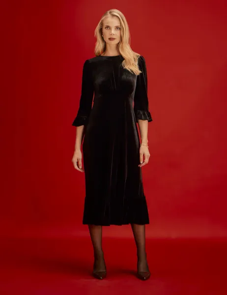 Finery London Velvet Frill Sleeve Midi Tea Dress Black