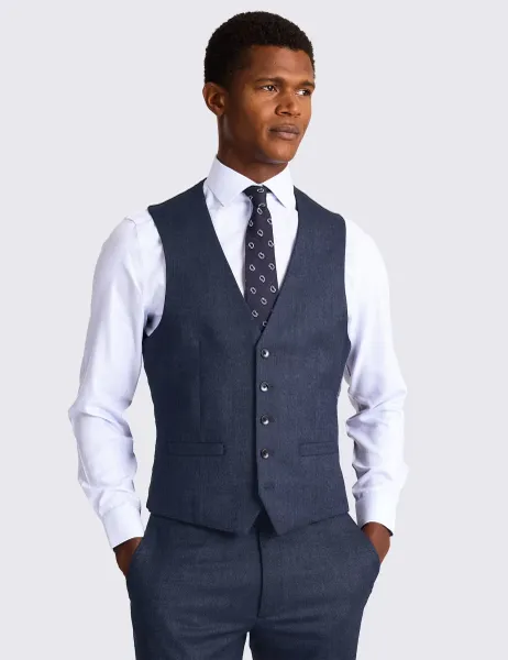 Moss Slim Fit Wool Rich Stretch Waistcoat Blue