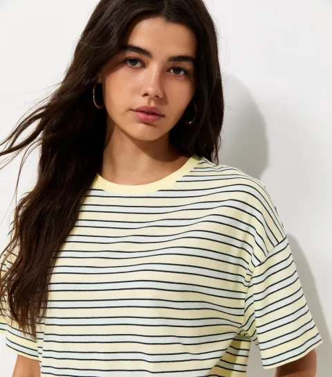 Women's Yellow Cotton Striped Boxy Crew Neck T-Shirt