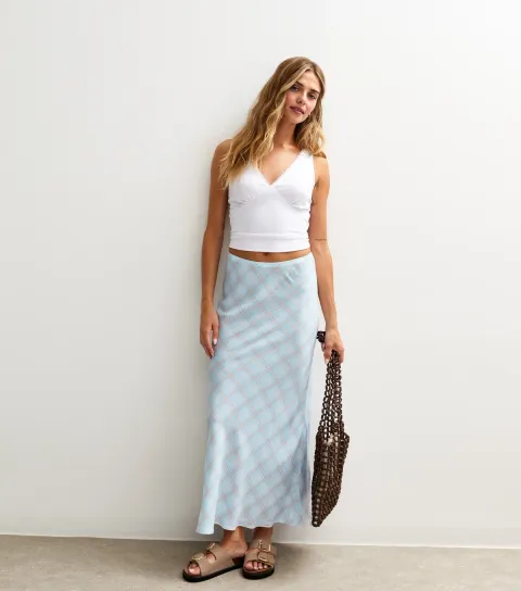 Women's Blue Check Print Bias Cut Midi Skirt