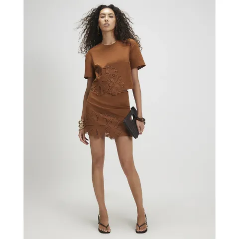 River Island Floral Cutwork Faux Suede Mini Skirt