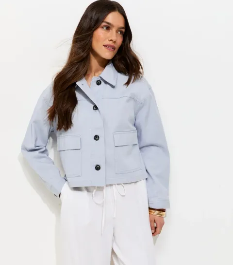 Women's Petite Light Blue Boxy Cotton Shacket