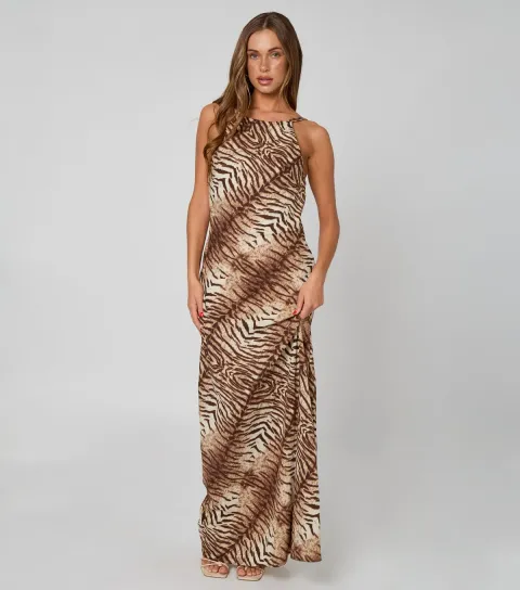 Women's Brown Zebra Print Maxi Dress