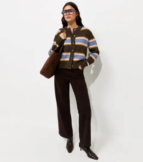 New Look Women's Brown Knitted Contrast Stripe Cardigan with Wool
