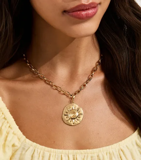 Gold Tone Sun Coin Pendant Necklace