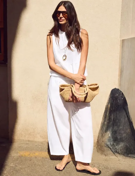 RO&ZO Pure Cotton Barrel Leg Ankle Grazer Trousers White
