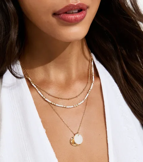 Gold Tone Triple Layer Mini Bead Pendant Necklace
