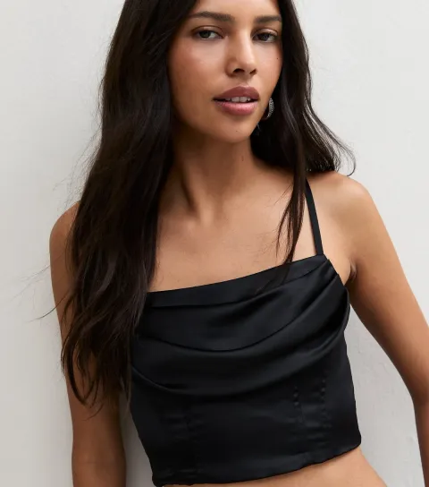 New Look Women's Black Satin Cowl Cropped Cami Top