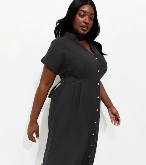 New Look Women's Plus Size Black With Cotton Midi Shirt Dress Curves