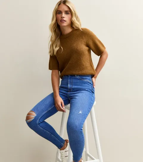 Women's Petite Bright Blue Ripped High Waist Hallie Super Skinny Jeans