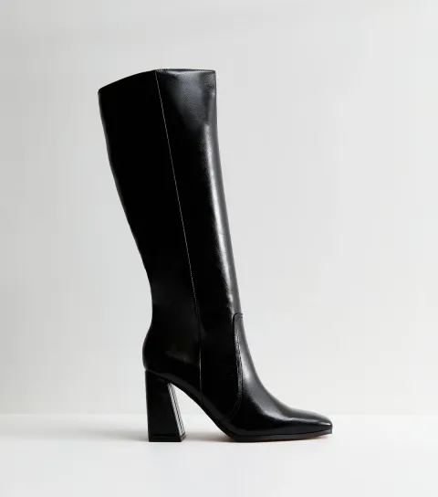 Women's Slim Calf Fit Black Faux Leather Knee High Boots Vegan