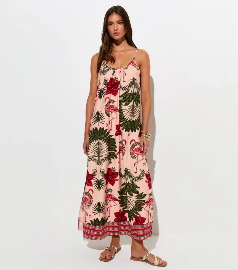 Women's Pink Flamingo Print Maxi Dress