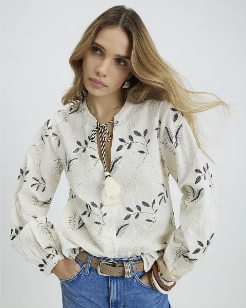 River Island Cotton Long Sleeve Embroidered Blouse