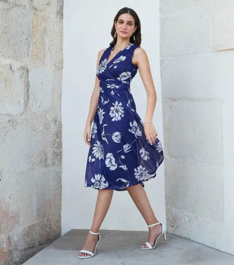 Women's Blue Floral Sleeveless Floral Wrap Midi Dress
