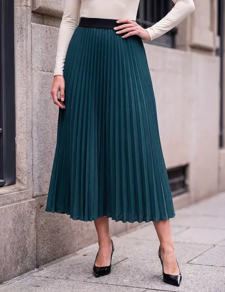 Roman Pleated Midi Skirt Dark Green Mix