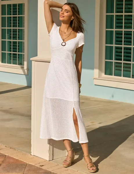 SOSANDAR Broderie V-Neck Midi Waisted Dress White