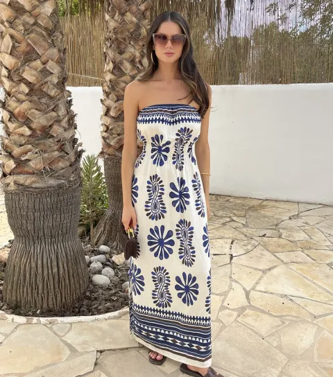 Women's Blue Strapless Shirred Midi Dress
