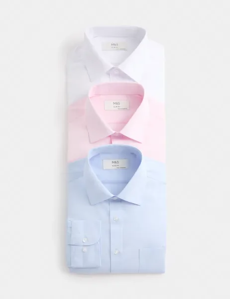 Marks & Spencer 3 Pack Slim Fit Easy Iron Shirts Blue Mix