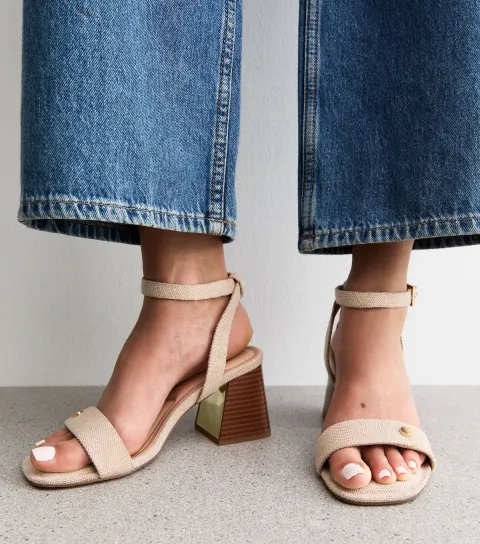 Women's Cream Linen Look Block Heel Sandals Vegan