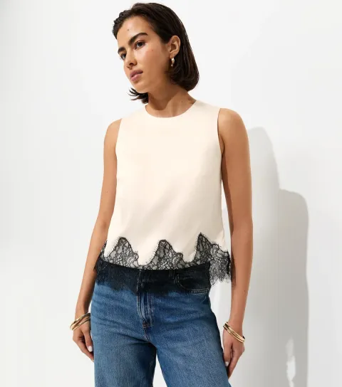 Women's Cream Satin Lace Scalloped Hem Top